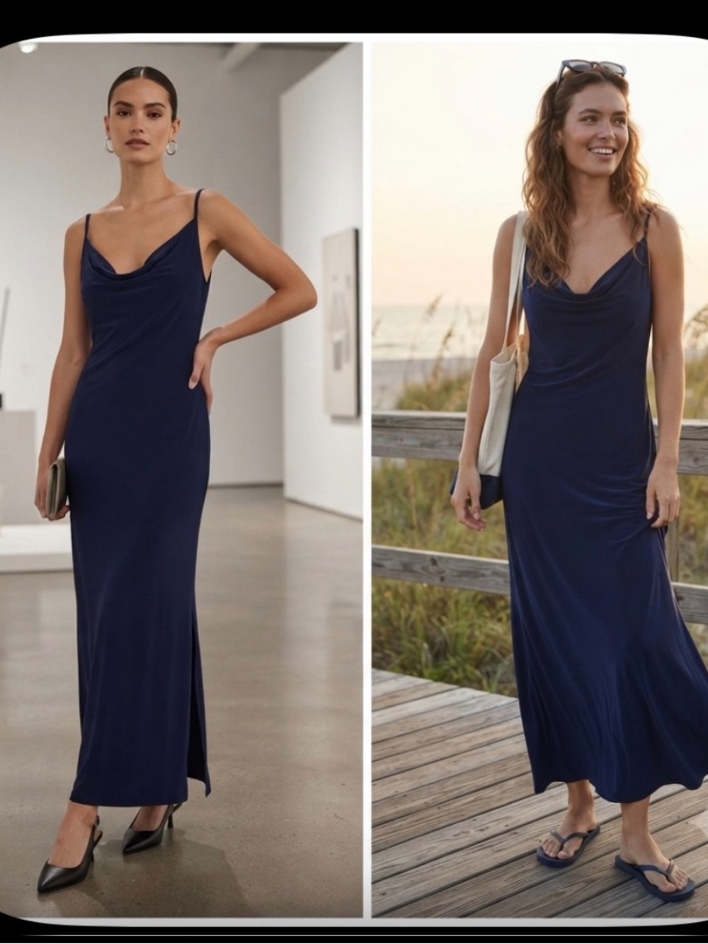 Vintage Bebe Navy Blue Cowl Neck Maxi Dress Made in USA - Size XL